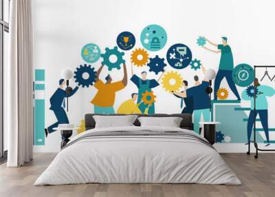 Lots of people working with gears, rotating them and making mechanism working. Concept illustration  Wall mural