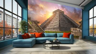 Mexico, Chichen Itza, Yucatn. Mayan pyramid of Kukulcan El Castillo at sunset Wall mural