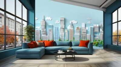 Modern city background. Paper cut design background with periodic old buildings and modern skyscrapers. Wall mural