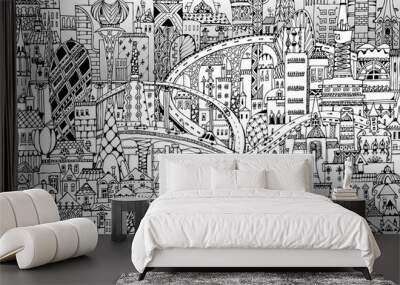 modern city illustration with a lots of detailed buildings, bridges, roads and cars Wall mural