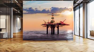 Offshore oil rig,  drilling rig, jack up rig, oil platform at the sea during sunset. 3D rendering illustration Wall mural