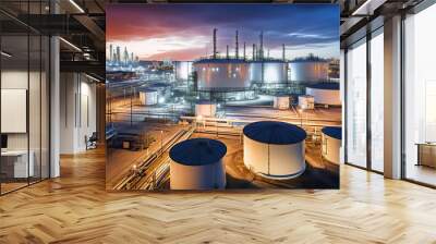 Oil and gas refinery plant industrial zone. Refinery factory oil storage tank. Industrial site and transportation concept.  Wall mural