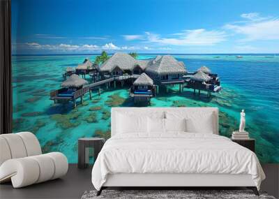 Over water villas on Maldivas resort  with beautiful white sand beaches around, holiday ad travel concept Wall mural