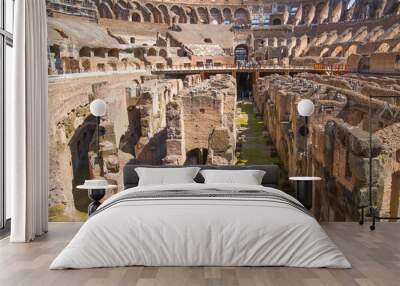 ROME, ITALY - APRIL 8, 2016: Ruins of Coliseum, panoramic view with underground levels of gladiator's rooms and animal's cages Wall mural