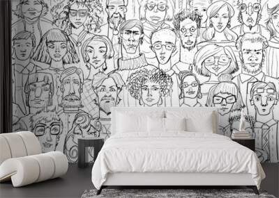 Sketch of many people faces, colleagues, family, neighbours, citizens  Wall mural