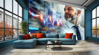 Successful, confident  businessman looks positive at market growths lines, financial reports, financial predictions. Business concept  Wall mural