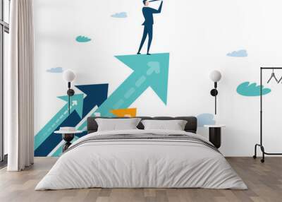 Successful businessman standing on the arrow, which pointing up as symbol of achievement, success and developing business in successful way. Businessman looking forward with the telescope. Wall mural