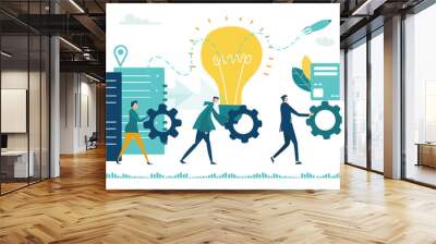 Team of people walking with gears as symbol of doing business together. Solving problem, achievement and working in progress concept  Wall mural