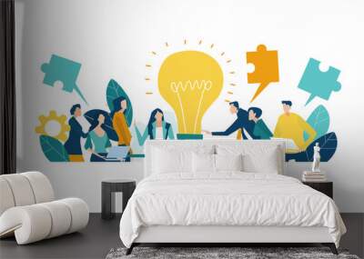 Team of professional people talking over the meeting. light bulb as a symbol of new idea and finding solution. Developing, taking a risk, support and solving the problem business concept illustration. Wall mural