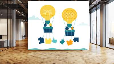 Two Air Balloons Light bulb with business people in baskets flying with puzzle pieces. Concept illustration, finding new opportunity, progress, success and support ideas. Wall mural