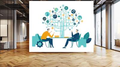 Two business people talking in the office, negotiating the contract or deal.  Business tree of success made of communication icons at the background  Wall mural