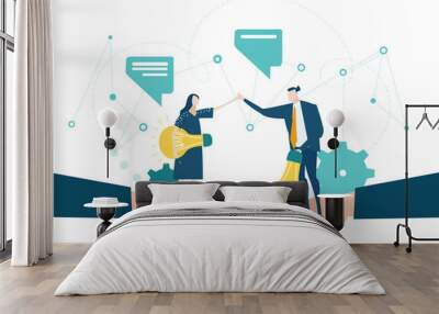 Two business people with light bulbs hold by hands o business man as symbol of support, control and advisory service.  Wall mural