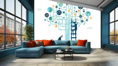 Two business people working next to business tree. High tech electronic, microchips, icons and communication symbols at the background. Business concept illustration.  Wall mural