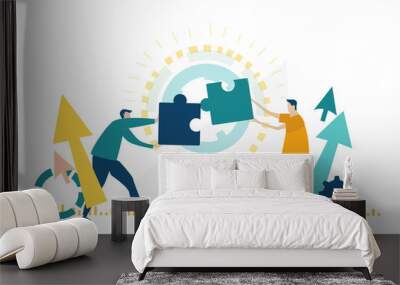 Two young business people working with puzzles as symbol of collaborating, solving problems, thinking about creative idea, brainstorming and teamwork concept. Flat style illustration. Wall mural