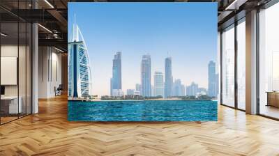 UAE, United Arab Emirates. Dubai and the Persian gulf at sunset. Under the water life illustration Wall mural