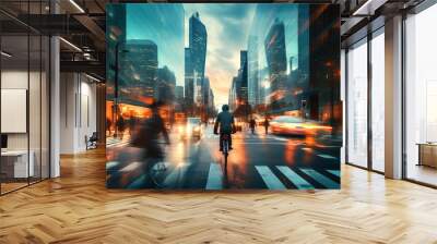 Urban Cyclists motion blur, embracing eco-friendly transport. Beautiful city street with skyscrapers and traffic lights at background Wall mural