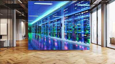 Wide panorama of Big Modern server room, data centre or mining farm interior with beautiful neon lights reflections and two businessman controlling the process.  3D Wall mural