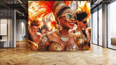 Young beautiful woman portrait in costume with feathers outfit at street Carnival. Brazilian culture, street performance, holidays and travel concept  Wall mural