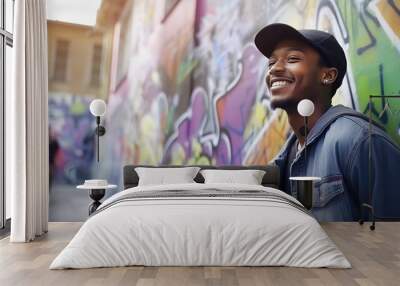 Young black man street artist portrait. Handsome man leans against of wall with paintings and smile.  Wall mural