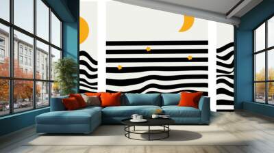 Mid century minimalist wavy retro art with abstract landscapes, sea, sun, stars and moon. Black and yellow vintage striped posters, illustrations with lines and shapes for wall art, posters. Wall mural