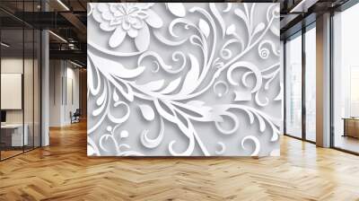 a white background with floral motifs, in the style paper cut art, spirals and curves, light gray and white, vectorial art, in the style flat colors, generative ai Wall mural