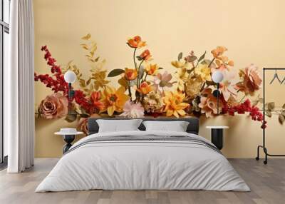 Colorful flower arrangements with shadow on a beige col 0ba, generative ai Wall mural