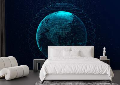 3d sphere in a shape of Earth with oceans, continents and islands. Abstract global technology with dust and stars. Big data visualization. 3D rendering. Wall mural