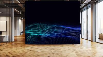 Digital gradient wave with dots on the dark background. The futuristic abstract structure of network connection. Big data visualization. 3D rendering. Wall mural