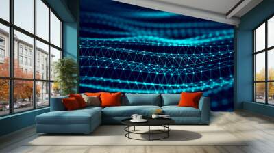 Digital style wave with lines and triangles. The futuristic abstract structure of network connection or DNA effect. Big data visualization. 3D rendering. Wall mural