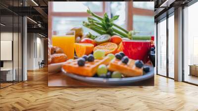 Continental breakfast of waffles with blackberries, bread, fresh fruit, coffee, narnaja juice, green juice and crosaint Wall mural