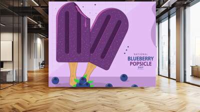 National Blueberry Popsicle Day on september 2, with vector two blueberry popsicle ice cream, some blueberry and text isolated on purple background for celebrate National Blueberry Popsicle Day. Wall mural