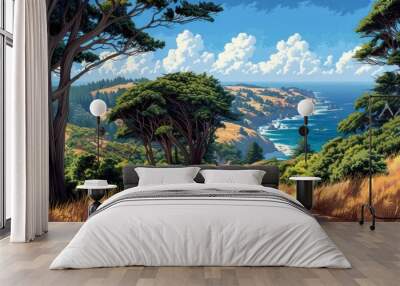 A scenic coastal road surrounded by lush greenery and cliffs, leading to a beautiful ocean view under a blue sky. Wall mural