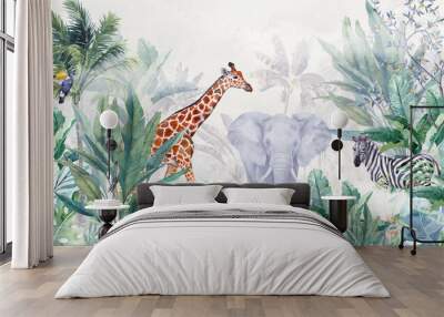 Tropical Trees and safari animals wallpaper design Wall mural