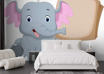 Cute baby elephant cartoon with a blank sign Wall mural