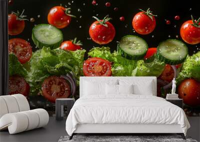 dynamic 3D arrangement of salad ingredients floating in mid-air, provided as high-resolution PNG cutouts with transparent backgrounds. Feature ingredients like crisp lettuce leaves, juicy cherry tomat Wall mural