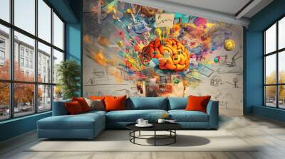 Illustration of a man's head with an open brain, emitting vibrant images and symbols, set against a grayish-blue background with diverse life scenes. Wall mural