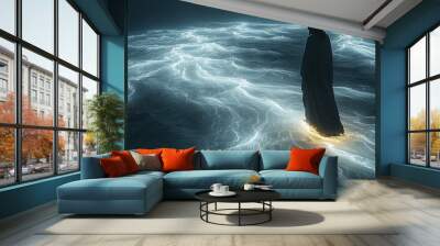 Radiant silhouette of Jesus on water, surrounded by light ripples on a turbulent sea, capturing a powerful and spiritual moment. Wall mural