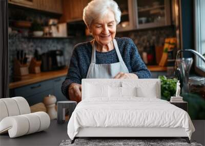 The elderly woman making salad Wall mural