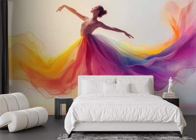 A ballerina exudes elegance and grace, her tutu swirling amidst colorful winds. Wall mural