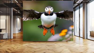 A bird with orange feet is flying in the air. The bird is black and white Wall mural