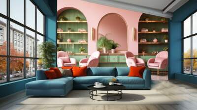 A comfortable and luxurious vintage-inspired beauty salon with classic pastel elegance and modern accents. Wall mural