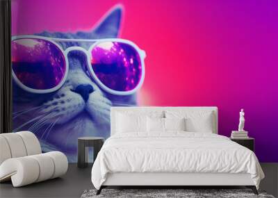 A cute grey domestic cat in sunglasses on a trendy gradient purple background. Pets portrait. The cat is relaxing in a nightclub background with copyspace. Wall mural