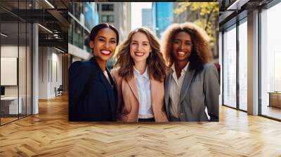 A diverse group of confident young women from different cultures and backgrounds working together as a team in an urban setting. Wall mural