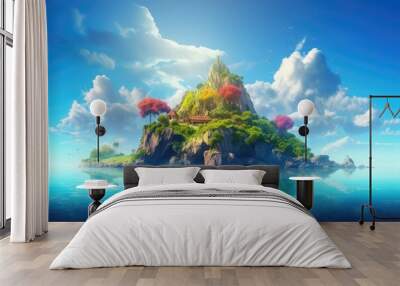 A fabulously beautiful floating island in the middle of the ocean and clouds. Generative AI Wall mural