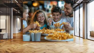 A family of four is enjoying a meal together at a restaurant, with the father holding a plate of fries and the children also eating fries. Scene is happy and relaxed Wall mural