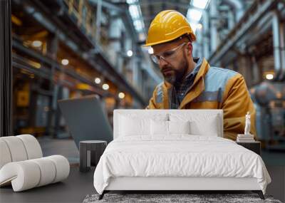 A focused engineer in an industrial facility uses a laptop, ensuring safety and control. Wall mural