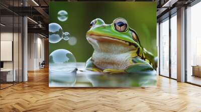 A frog is sitting in a pond with bubbles coming out of its mouth. The bubbles are reflecting the sunlight and creating a peaceful atmosphere Wall mural