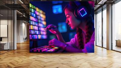 A gamer girl sits at a computer on a night of competitive gaming and online entertainment. Wall mural