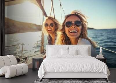 A group of friends enjoy a fun and happy summer vacation on a sailing yacht, filled with laughter and adventure. Wall mural