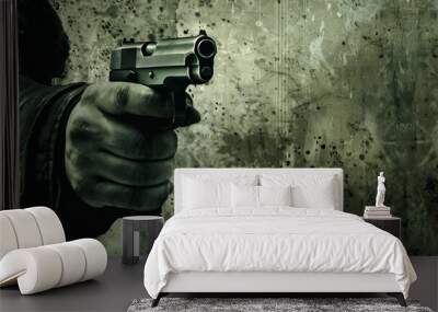 A hand holding a handgun, pointing aggressively, symbolizing criminal violence and threat. Wall mural